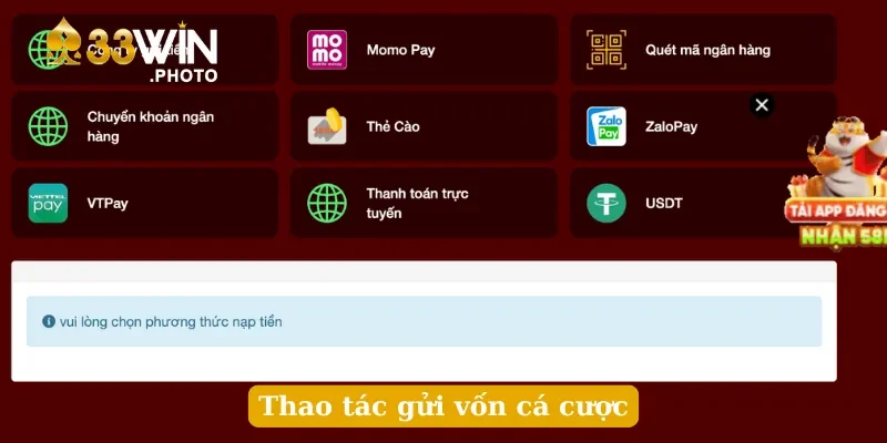 Thao tác gửi vốn cá cược